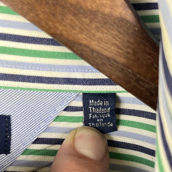 Tommy Hilfiger Shirt Mens 17.5 34/35 Green Blue Stripe Button Down Regular Fit - Picture 4 of 7